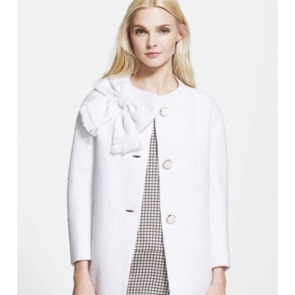 Kate Spade Dorothy Bow-front Tweed Bracelet-sleeve Coat  White Size 6‎ $548 USD